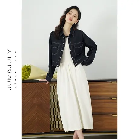 嘉茱莉2024新款黑色复古牛仔外套女小个子短款牛仔上衣明线短外套商品大图