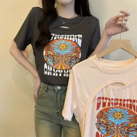 美式复古正肩短袖t恤女夏季港味chic修身显瘦大码上衣小众设计感商品大图