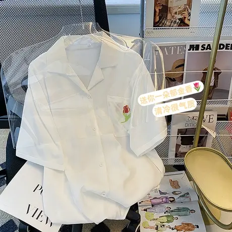 日系刺绣郁金香设计感短袖衬衫女夏宽松衬衣小众法式别致减龄上衣图片