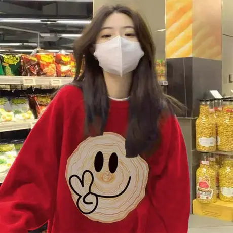 红色卫衣女秋冬加绒oversize小众设计感圆领宽松复古港风chic上衣商品大图