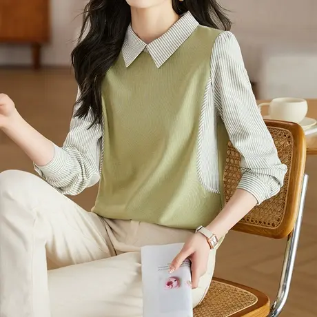 韩潮袭人宽松显瘦POLO领拼接条纹卫衣百搭休闲长袖上衣图片