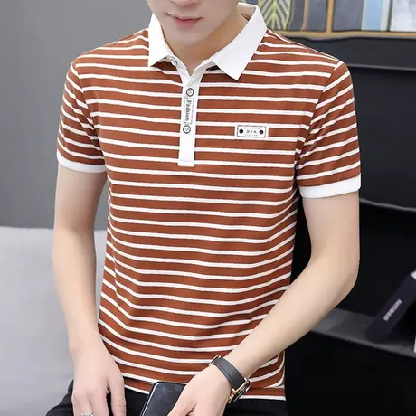短袖t恤男士夏季新款2022衬衫领POLO衫条纹潮流带领修身丅桖夏装商品大图