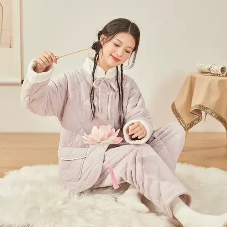 唐狮新款睡衣女冬款珊瑚绒加绒少女新中式夹棉国风家居服套装SY图片