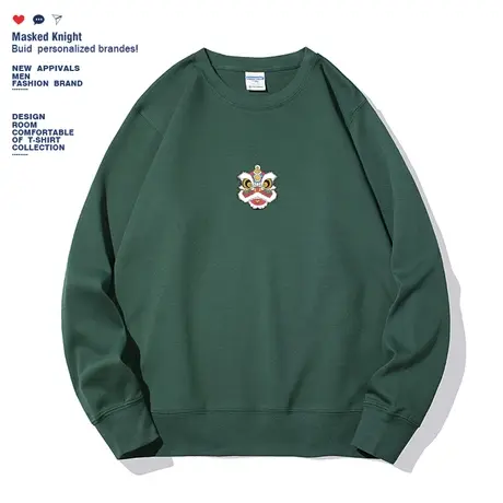 国潮秋季2022新款中国风醒狮印花圆领卫衣男薄款宽松休闲套头上衣图片