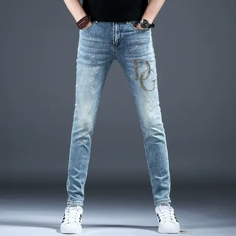 2024男士新款牛仔裤子时尚高端烫钻精致小脚裤男潮牌四季常规浅蓝商品大图