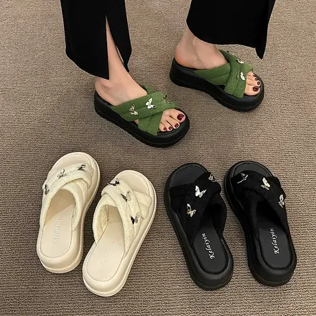 小香风厚底一字拖鞋女夏季外穿2024交叉金属蝴蝶时尚凉拖爆款女款图片