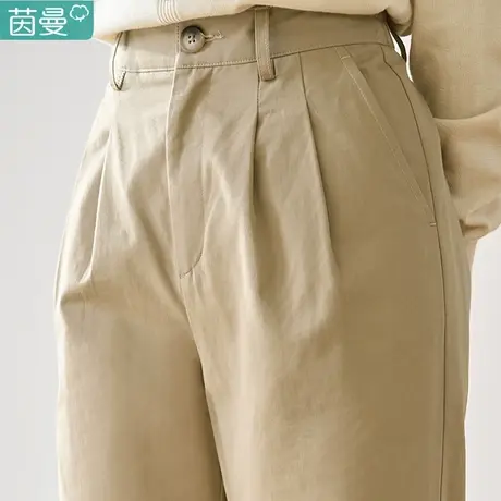 茵曼卡其色高腰休闲裤女士2024年春季新款宽松显瘦纯棉直筒长裤子图片
