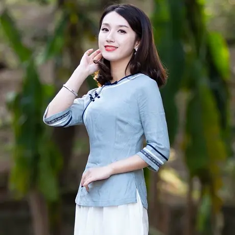 唐装改良版女时尚旗袍式上衣半袖盘扣年轻款棉麻复古原创中式女装商品大图