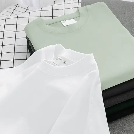 重磅纯棉t恤男士短袖落肩款五分袖夏季美式宽松全棉纯色白色半袖商品大图