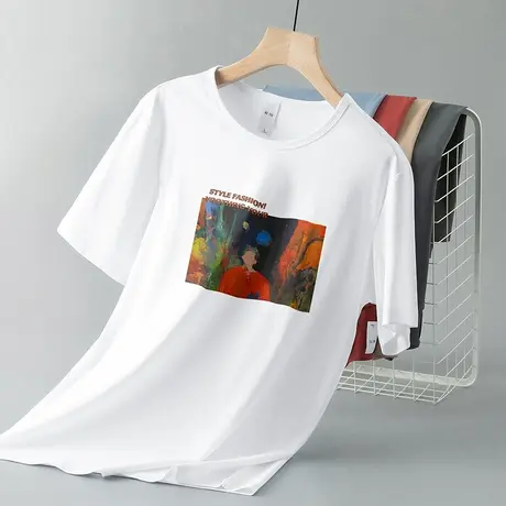 莫代尔冰丝t恤男士短袖夏季速干凉感半袖白色打底衫潮牌印花体恤商品大图