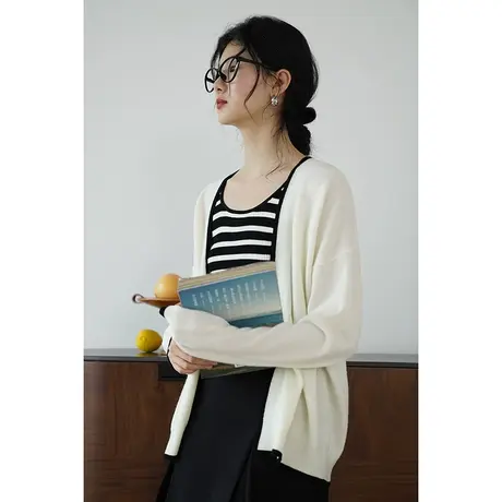 嘉茱莉2023秋季新款1OO羊毛针织开衫外套女宽松撞色针织羊毛毛衣商品大图