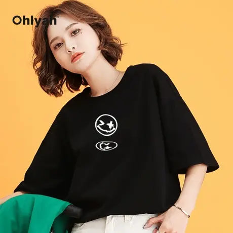 Ohlyah短袖T恤女笑脸印花黑色上衣2023年夏季新款宽松纯棉情侣装商品大图