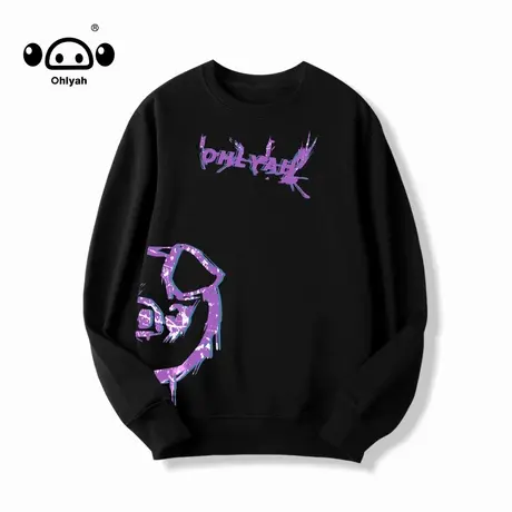 Ohlyah国潮圆领黑色卫衣女oversize高级感港风涂鸦纯棉情侣装上衣图片
