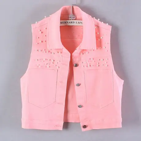牛仔马甲女背心短款春秋夏宽松新款无袖大码外搭显瘦粉色钉珠坎肩商品大图