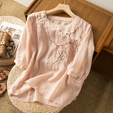 享永子中袖刺绣苎麻上衣文艺复古宽松气质棉麻小衫薄2023夏季新款商品大图