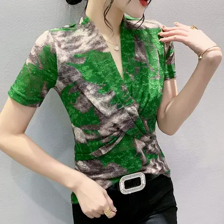 欧货性感网纱T恤女短袖2023夏季新款时尚交叉V领上衣紧身气质小衫商品大图