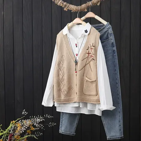 秋季新款文艺复古针织背心毛线马甲女士宽松无袖毛衣开衫V领外套商品大图