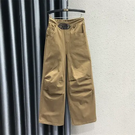 欧货卡其色牛仔直筒裤女2023秋季新款高腰显瘦时尚褶皱拖地裤长裤商品大图