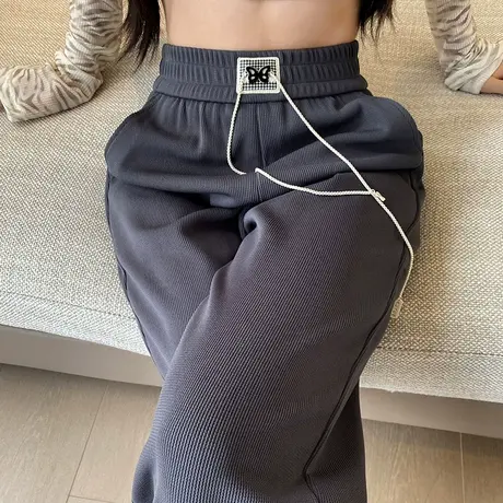 灰色窄版阔腿裤女2023新款春秋薄款高腰垂感显瘦休闲直筒拖地裤子商品大图