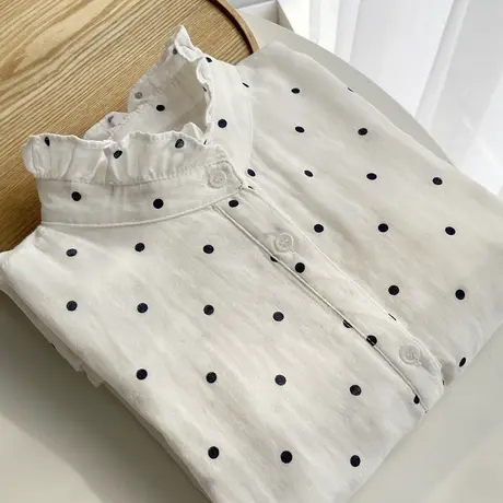 秋装文艺双层棉纱长袖衬衫女韩版宽松立领木耳花边圆点点柔软衬衣商品大图