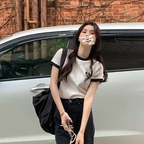 短袖T恤女装夏季复古打底衫设计感小众撞色显瘦短款辣妹上衣内搭商品大图