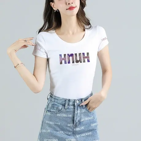 修身字母烫钻T恤女夏季新款纯棉韩版半袖上衣欧洲站镶钻百搭小衫商品大图