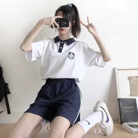 港风运动服套装polo衫女夏季薄款宽松短袖短裤时尚洋气休闲两件套商品大图