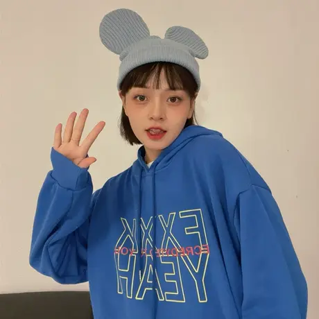 红续字母克莱因蓝薄款连帽卫衣女宽松BF风情侣款上衣长袖春秋新款图片