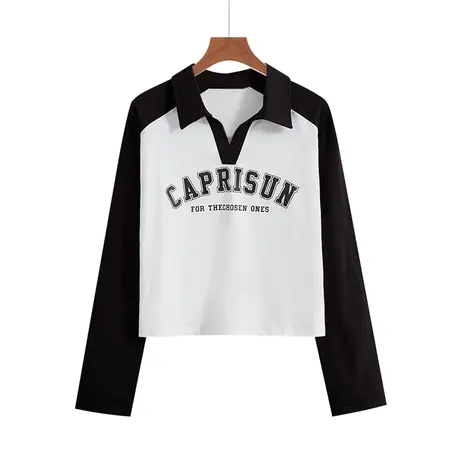 早秋新款韩版翻领印花纯棉宽松短款纯欲长袖体恤上衣内搭女打底衫商品大图