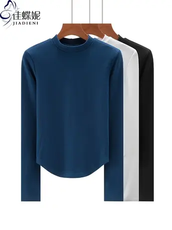 秋冬新款韩版半高领修身下摆圆弧纯棉纯色长袖体恤上衣内搭女打底商品大图