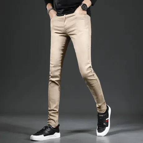 高级牛仔裤男秋季2023新款潮牌修身小脚卡其色男士修身百搭裤子男商品大图