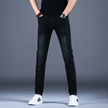 黑色高端牛仔裤男修身小脚流行抓痕裤子男士2023新款休闲弹力百搭商品大图