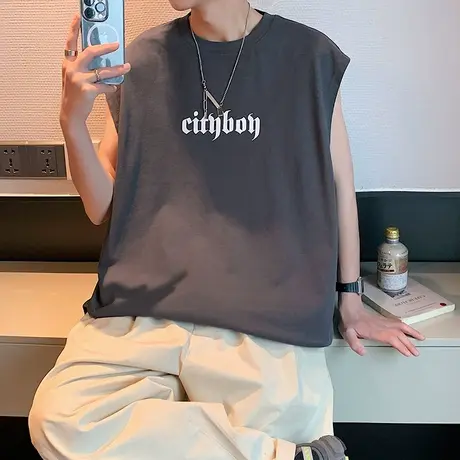 夏季纯棉t显肌肉工字背心男款篮球运动无袖圆领t恤衫男士夏装上衣商品大图