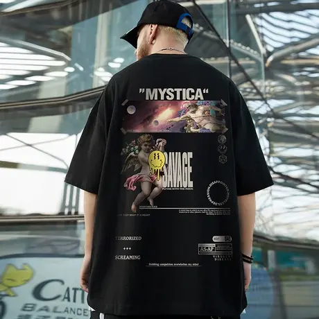 原创潮牌美式嘻哈打底衫T恤男潮流百搭港风纯棉短袖体恤大码男装商品大图