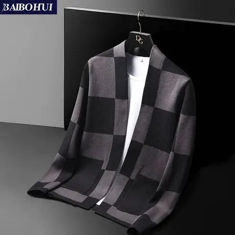 2021春秋新款男士针织衫格子百搭男装外套休闲宽松大码开衫上衣服商品大图