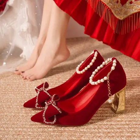 婚鞋女2023年新款舒适新娘鞋不累脚水钻蝴蝶结百搭秀禾粗跟高跟鞋商品大图