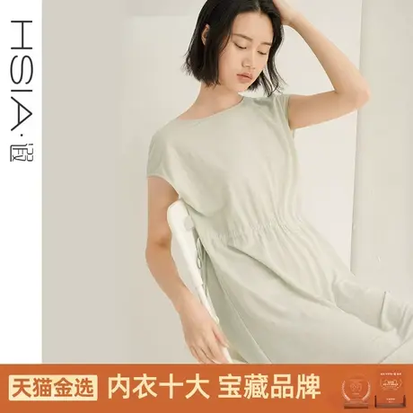 HSIA遐睡衣裙女夏季薄款圆领宽松抽绳中裙亲肤透气简约家居裙图片