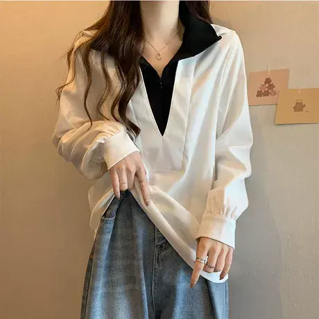 假两件长袖衬衫女装春秋新款大码胖mm设计感宽松显瘦上衣200斤潮商品大图