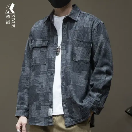 希越美式工装牛仔衬衫男春季宽松大码复古衬衣外套春秋款男士上衣图片