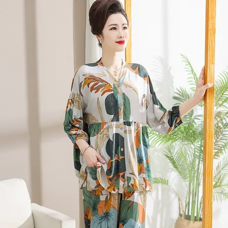 中年妈妈棉绸睡衣女大码开衫老年人造棉长袖家居服夏老人绵绸套装图片