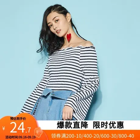 艾格2023春季女装时尚百搭条纹一字领短款条纹长袖针织衫z328商品大图