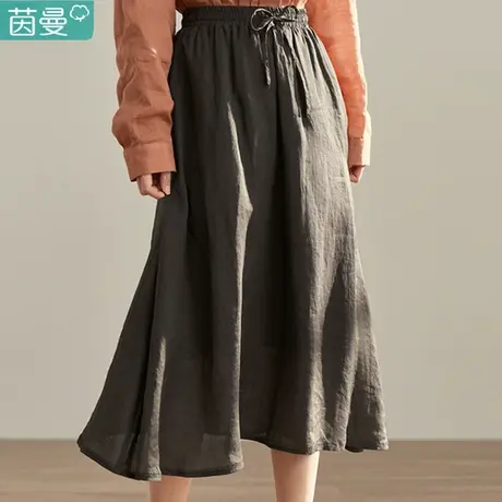 茵曼官方旗舰店2023春女装新款文艺通勤抽绳过膝苎麻半身裙伞裙图片