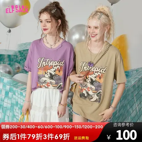 【艺术家联名】妖精的口袋印花美式短袖t恤女2023夏新款宽松上衣图片