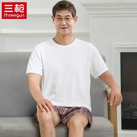 三枪夏季白色纯棉中老年老头衫短袖宽松爸爸汗衫男士t恤老人上衣商品大图