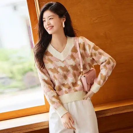 时尚气质套头毛衣2023年秋季新款淑女温柔V领宽松显瘦通勤上衣商品大图