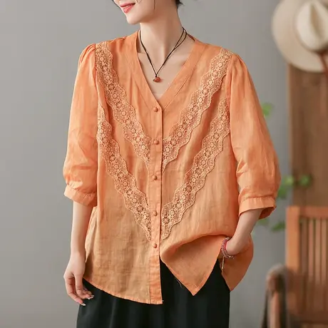 dza复古苎麻女士衬衫女2023夏季薄款V领衬衣宽松百搭棉麻开衫上衣图片