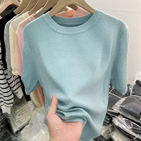 欧货纯色百搭柔软短袖针织衫女2023春新款温柔内搭打底衫T恤上衣商品大图
