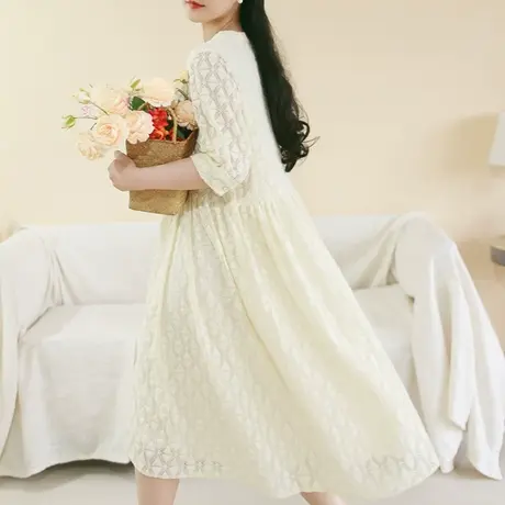 胖妹妹夏2023法式V领优雅蕾丝连衣裙 大码五分袖蝴蝶结可拆卸长裙商品大图