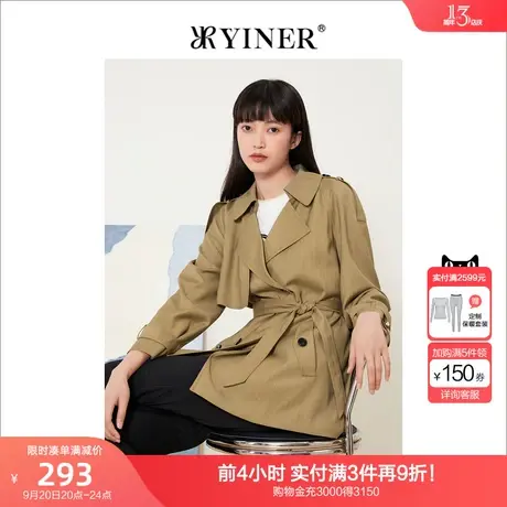 音儿美地女装2022秋季新款收腰中长款双排扣翻领风衣商品大图