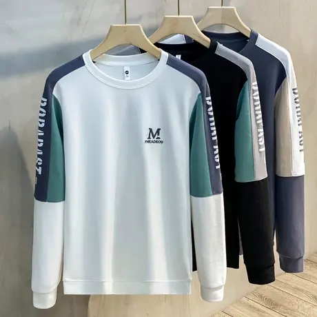 秋季卫衣男士2023新款春秋薄款撞色圆领男装上衣外套宽松潮流拼接商品大图